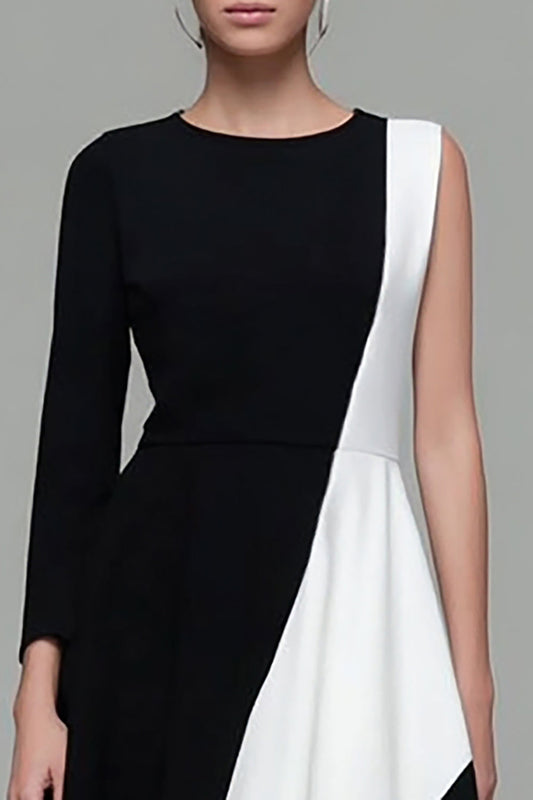 Black and White Jewel Neck A Line Work Dress with Sleeves
