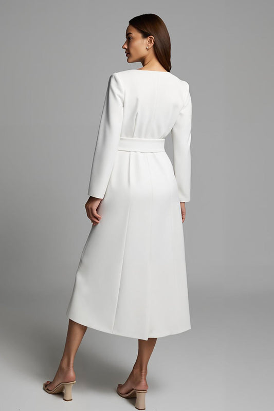 Ivory V-Neck A Line Satin Long Work Dress with Sleeves