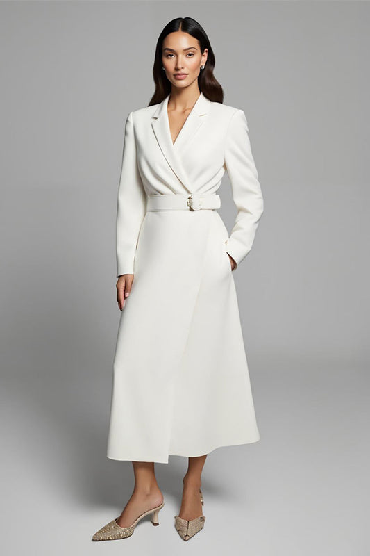 Ivory Notched Lapel A Line Long Blazer Dress with Pockets