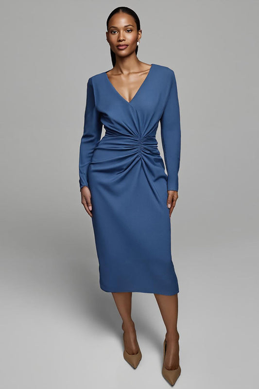 Dusty Blue Ruched Satin Sheath Midi Work Dress with Sleeves