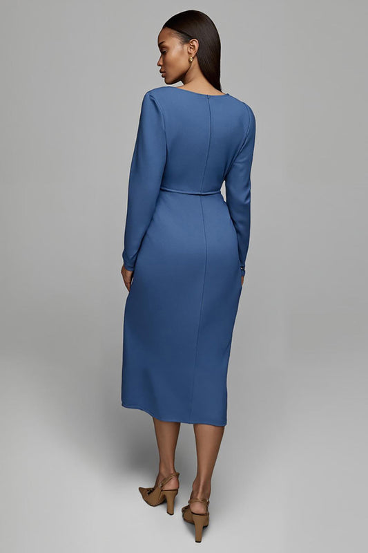 Dusty Blue Ruched Satin Sheath Midi Work Dress with Sleeves