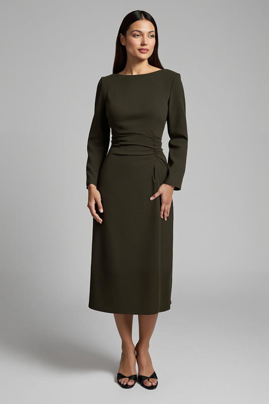 Dark Olive Satin Boat Neck Pencil Long Work Dress with Sleeves