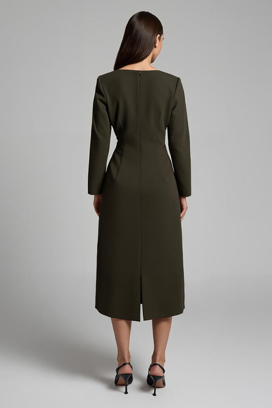 Dark Olive Satin Boat Neck Pencil Long Work Dress with Sleeves