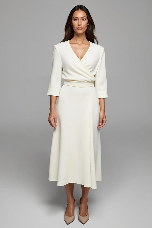 Ivory Satin Ruched V-Neck Pencil Long Work Dress with Sleeves