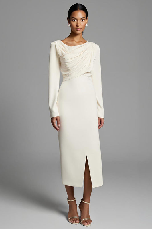 Ivory Ruched Pencil Long Sleeves Work Dress with Slit
