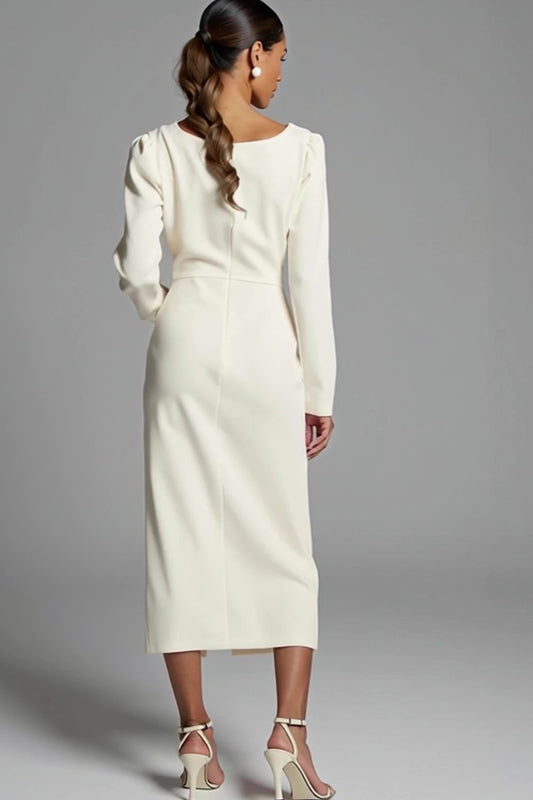 Ivory Ruched Pencil Long Sleeves Work Dress with Slit