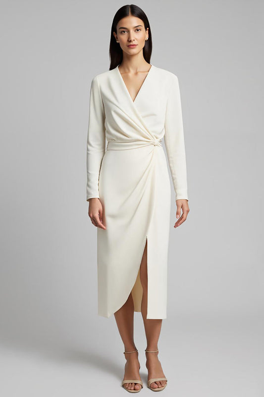 Ivory Ruched Satin Pencil Long Sleeves Midi Work Dress with Slit