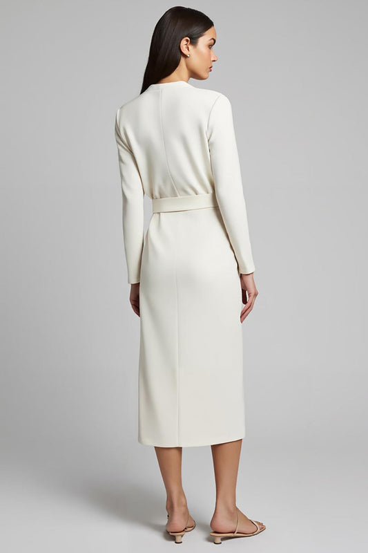 Ivory Ruched Satin Pencil Long Sleeves Midi Work Dress with Slit