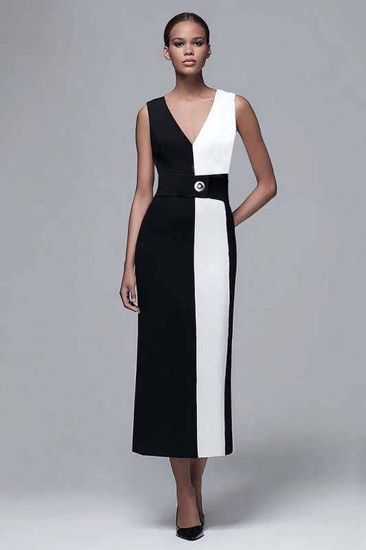Black and White V-Neck Pencil Long Work Dress with Belt