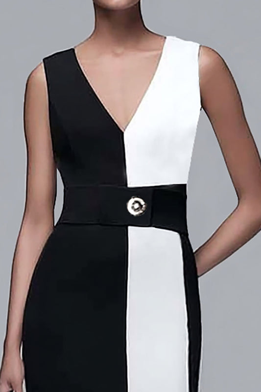 Black and White V-Neck Pencil Long Work Dress with Belt