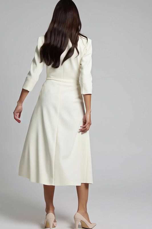 Ivory Ruched Satin V-Neck Midi Work Dress with Sleeves