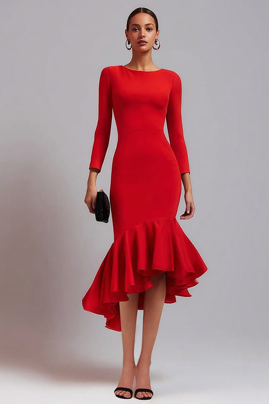 Red Satin Long Sleeves Mermaid Midi Work Dress with Ruffles