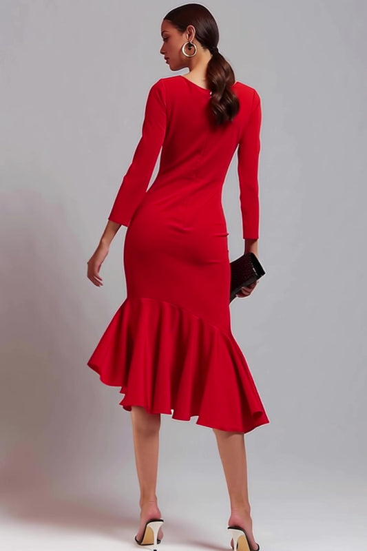 Red Satin Long Sleeves Mermaid Midi Work Dress with Ruffles