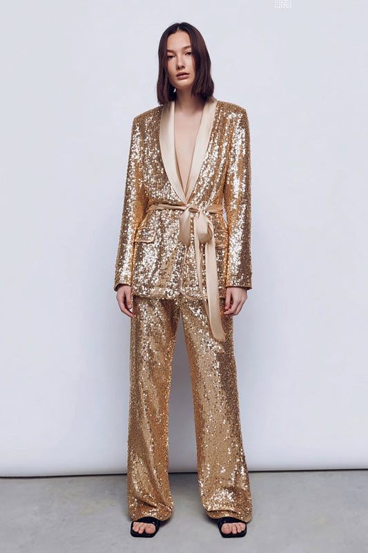 Sparkly Gold 2 Piece Sequins Women Prom Suits with Sash