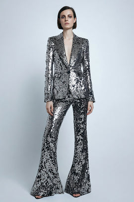 Silver Gray Sparkly 2 Piece Sequins Women Prom Suits with Pockets