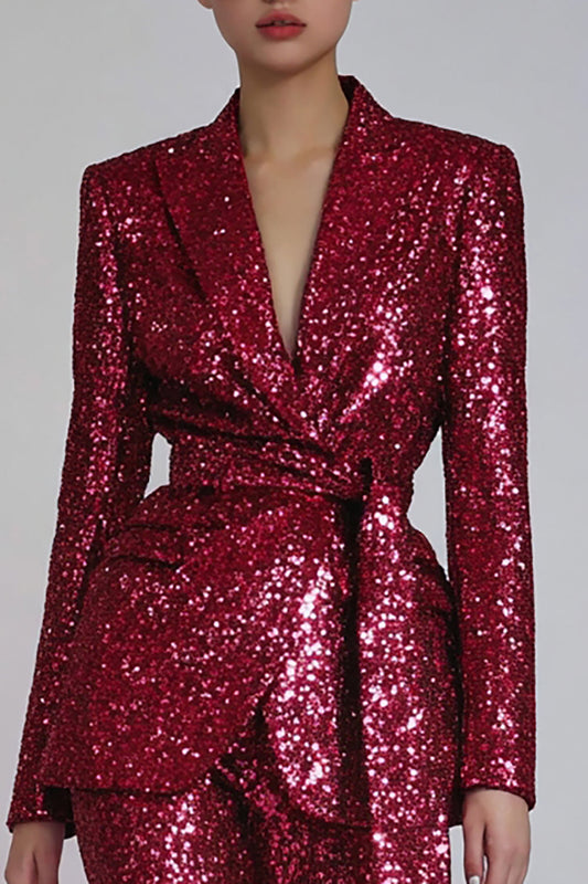 Sparkly Sequins Red 2 Piece Women Prom Suits with Sash