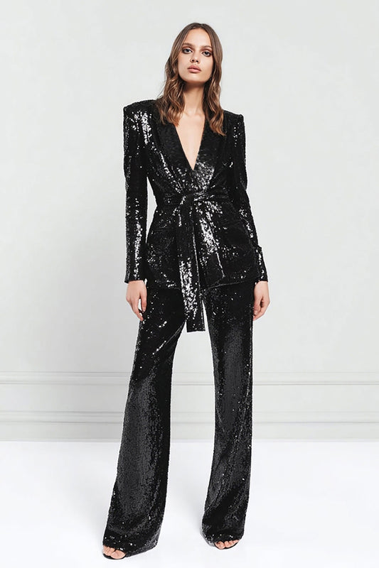 Sparkly Sequins Black 2 Piece Women Prom Suits with Sash