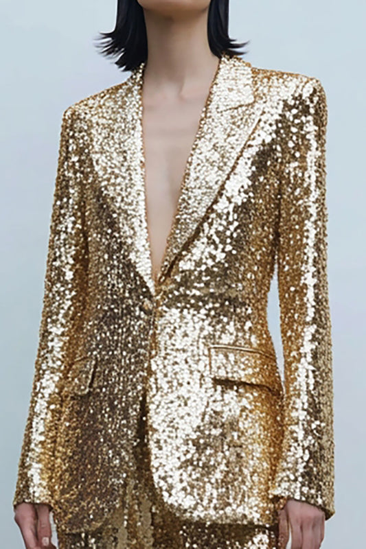2 Piece Sparkly Gold Sequins Women Prom Suits with Pockets