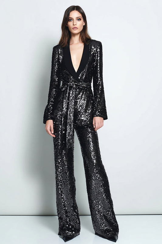 Sparkly Black Sequins 2 Piece Shawl Lapel Women Prom Suits