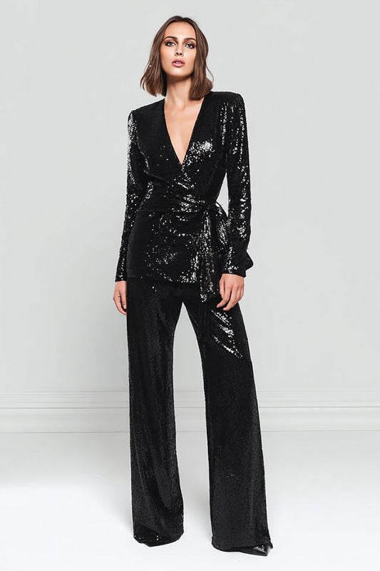 Sparkly 2 Piece Black Sequins Women Prom Suits with Sash