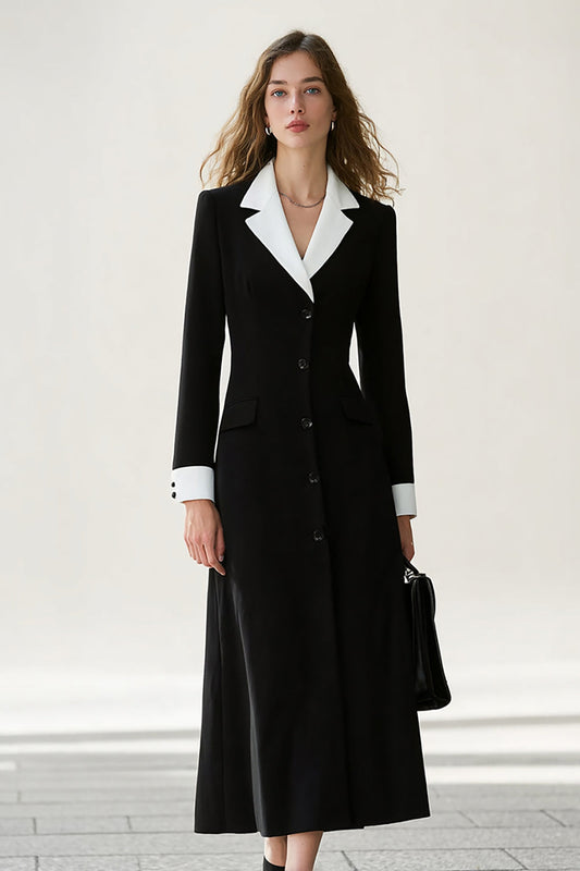 Black and White A Line Notched Lapel Long Blazer Dress with Sleeves