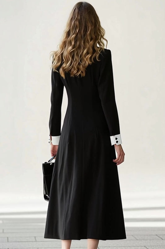 Black and White A Line Notched Lapel Long Blazer Dress with Sleeves