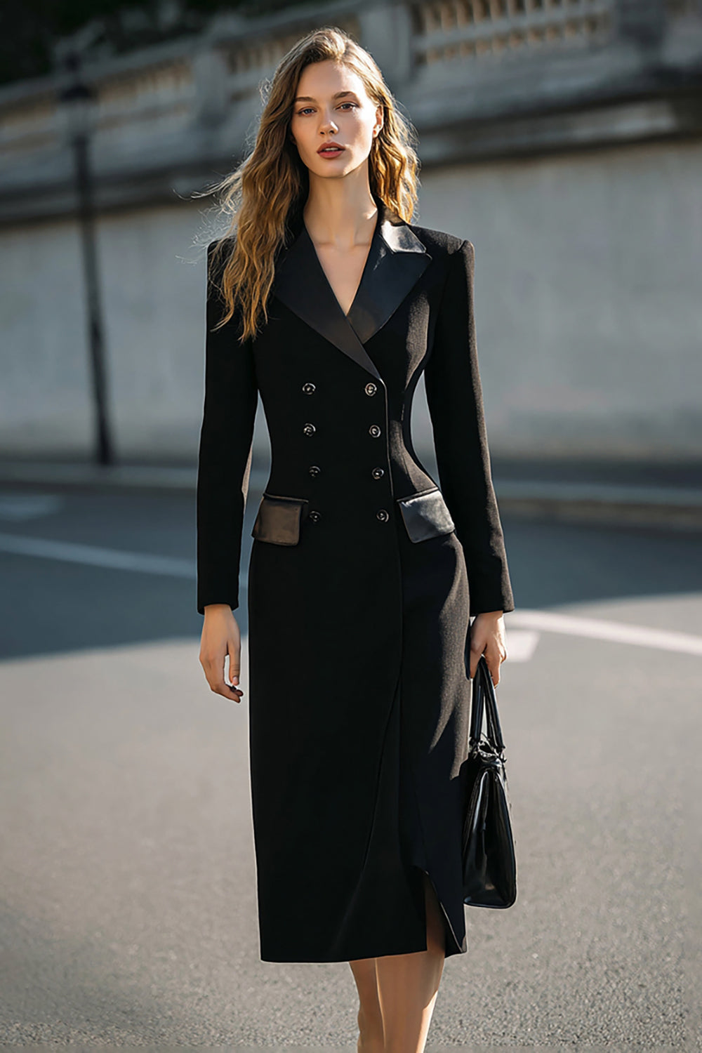 blazer dress midi Zapaka Women Black Long Sleeves Pencil Blazer Dress Double Breasted Midi Work Dress With Pockets, Black / M