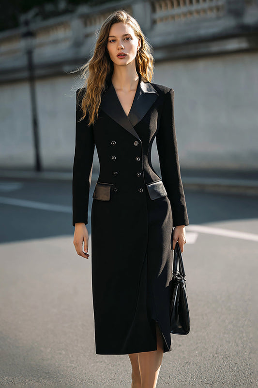 Pencil Black Double Breasted Midi Blazer Dress with Sleeves