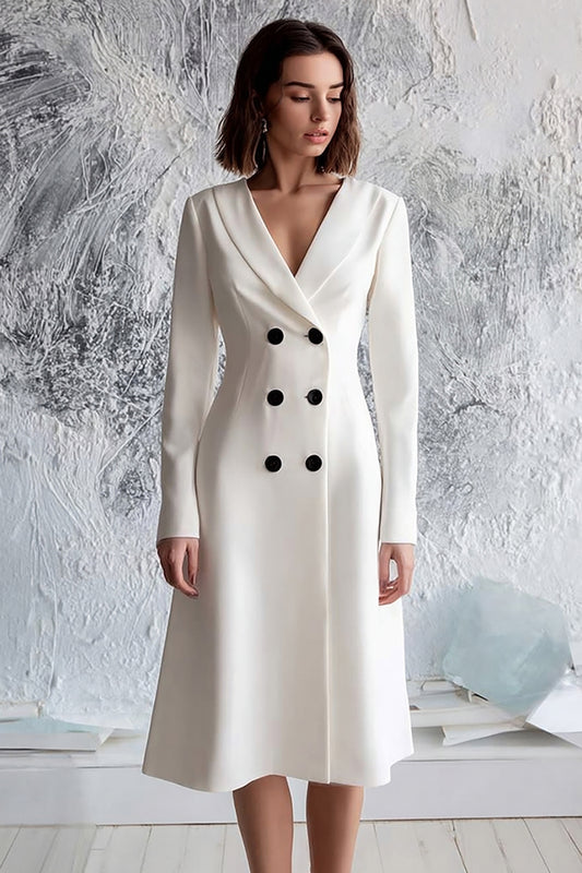Ivory A Line Double Breasted Satin Midi Blazer Dress