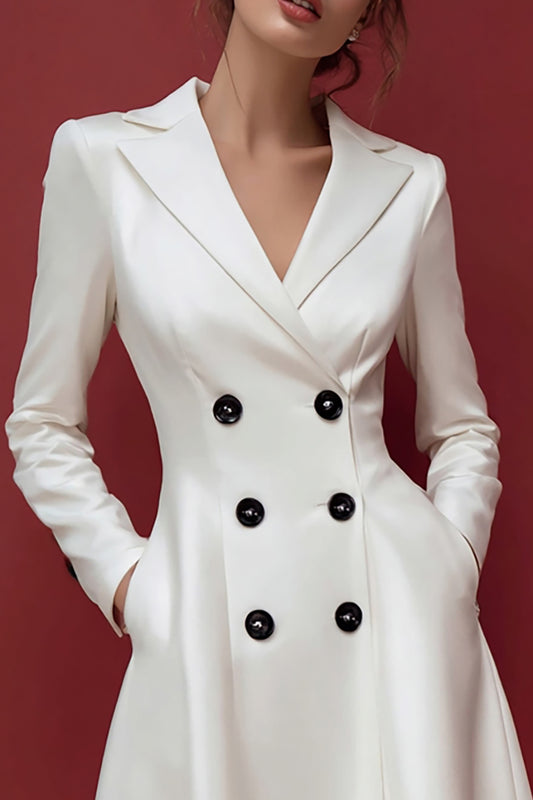 Ivory Satin A Line Midi Blazer Dress with Pockets