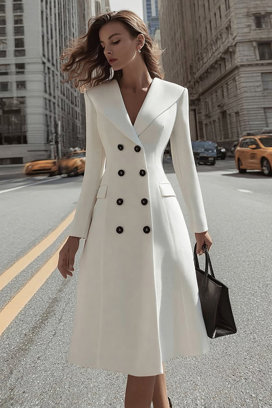 Ivory A Line Shawl Lapel Double Breasted Midi Blazer Dress
