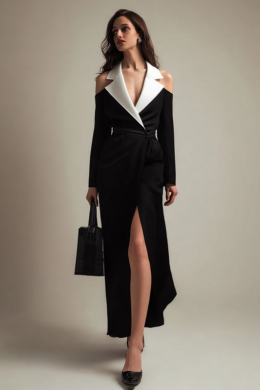 Black and White Satin Notched Lapel Long Blazer Dress with Sleeves