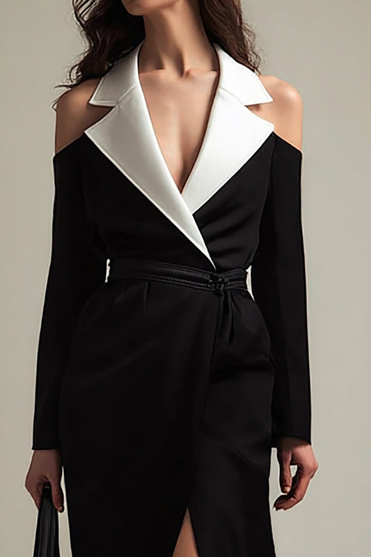 Black and White Satin Notched Lapel Long Blazer Dress with Sleeves