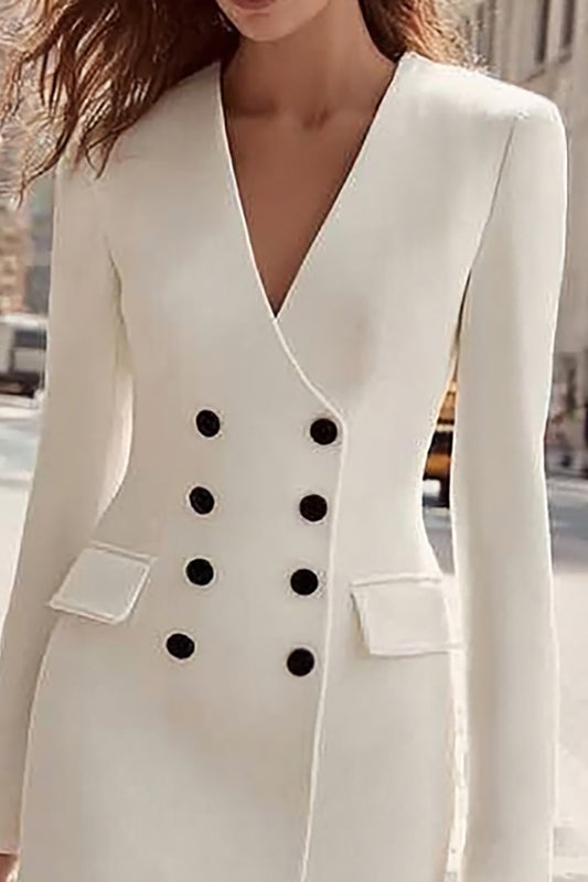 Ivory Satin Double Breasted V-Neck Midi Blazer Dress with Sleeves