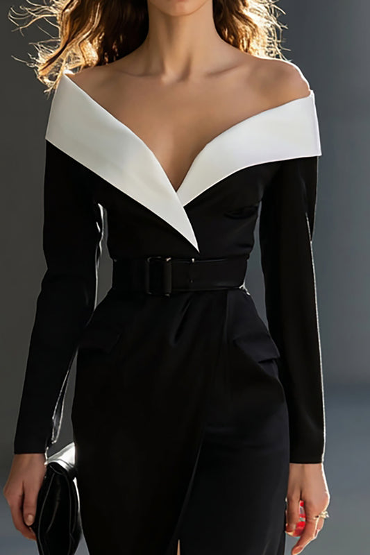 Black and White Off the Shoulder Pencil Midi Work Dress with Belt