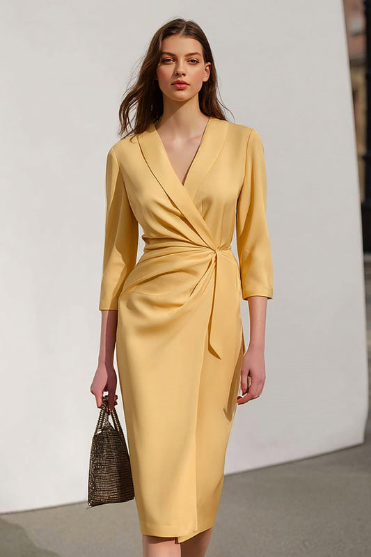Yellow Satin Pencil Shawl Lapel Midi Work Dress with Sash