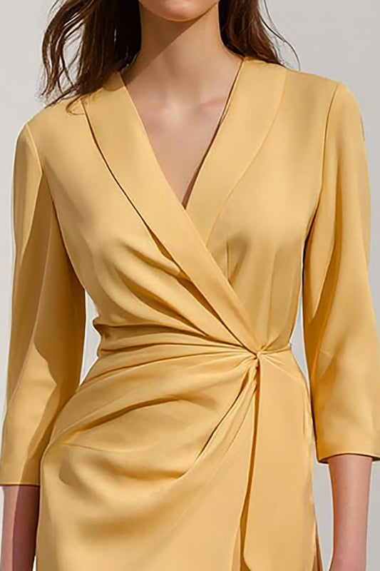 Yellow Satin Pencil Shawl Lapel Midi Work Dress with Sash