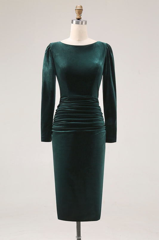 Dark Green Velvet Boat Neck Bodycon Midi Holiday Party Dress