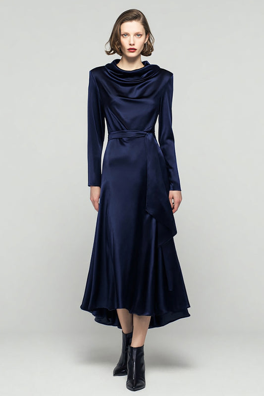 Navy Satin Cowl Neck Long Sleeves Work Dress with Sash