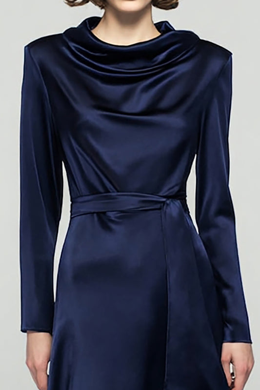 Navy Satin Cowl Neck Long Sleeves Work Dress with Sash