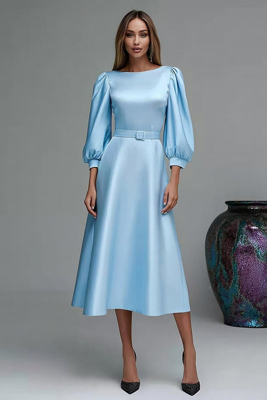 Sky Blue Satin Boat Neck 3/4 Sleeves Midi Work Dress