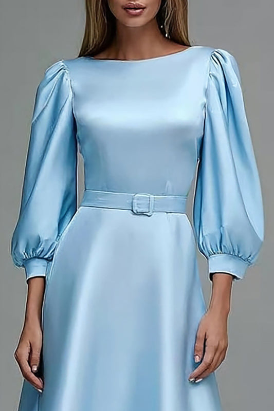 Sky Blue Satin Boat Neck 3/4 Sleeves Midi Work Dress