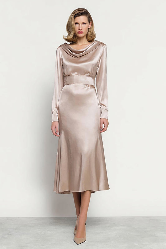 Champagne Satin Cowl Neck Long Sleeves Midi Work Dress
