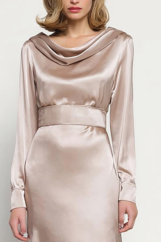 Champagne Satin Cowl Neck Long Sleeves Midi Work Dress