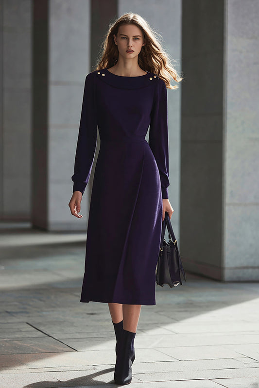 Dark Purple Pencil Long Sleeves Midi Work Dress with Buttons