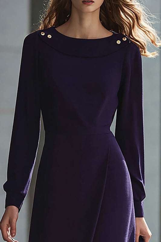 Dark Purple Pencil Long Sleeves Midi Work Dress with Buttons