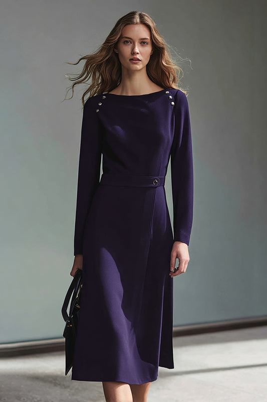 Dark Purple Long Sleeves Pencil Midi Work Dress with Buttons