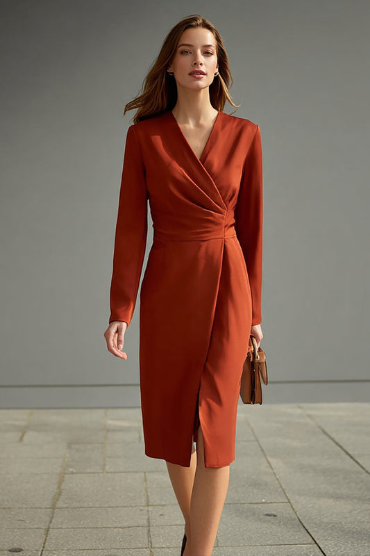 Terracotta V-Neck Pencil Long Sleeves Midi Work Dress with Slit
