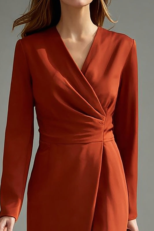 Terracotta V-Neck Pencil Long Sleeves Midi Work Dress with Slit