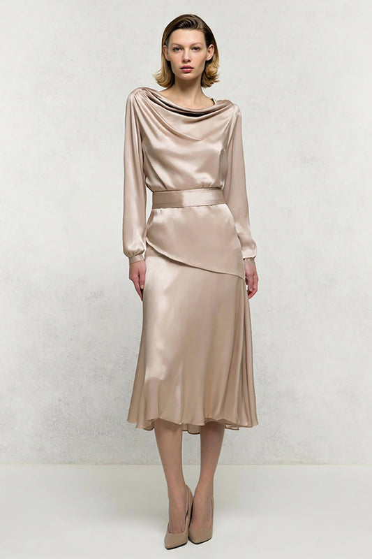 Champagne Satin Cowl Neck Midi Work Dress with Sleeves